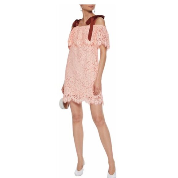 Ganni 543$ Pink Off The Shoulder Lace with Ribbon corded Dress Size 40, us 8-10 - Picture 1 of 16